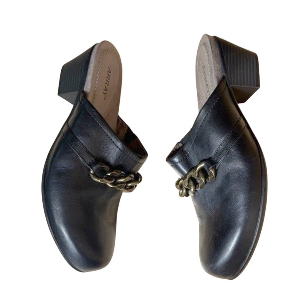 Array Mules Low Heel Black Leather Gold Chain 9 Business Casual Preppy Capsule